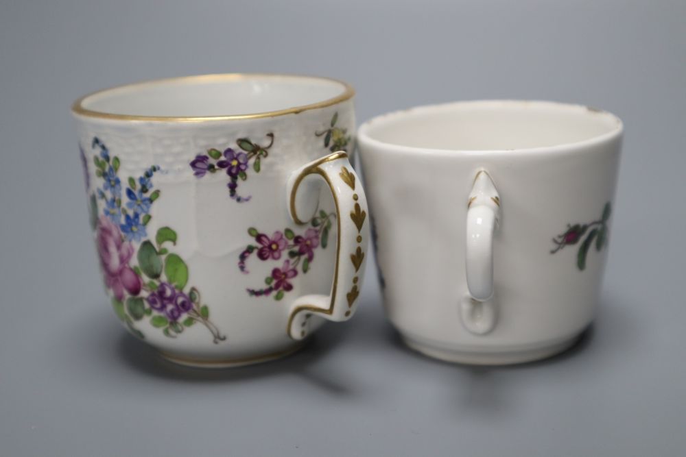 A Hochst botanical coffee cup late 18th century, and a Hochst style cup and saucer, painted with flowers, largest 6cm